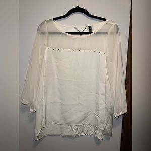 Cream, Diamond stud, 3/4 Sheer Sleeve Top